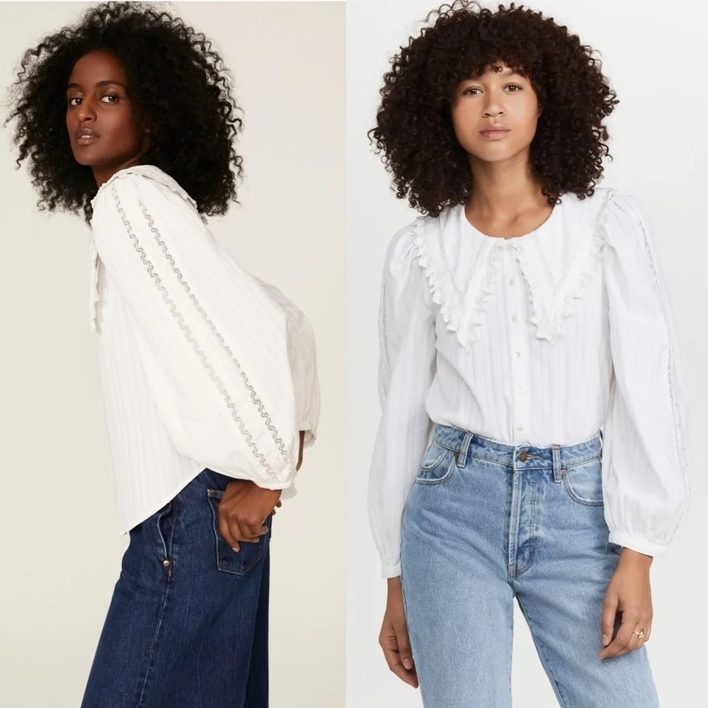 LOVESHACKFANCY Lace Embroidered Oversized Collar Puff Long Sleeve Pintuck Top XS